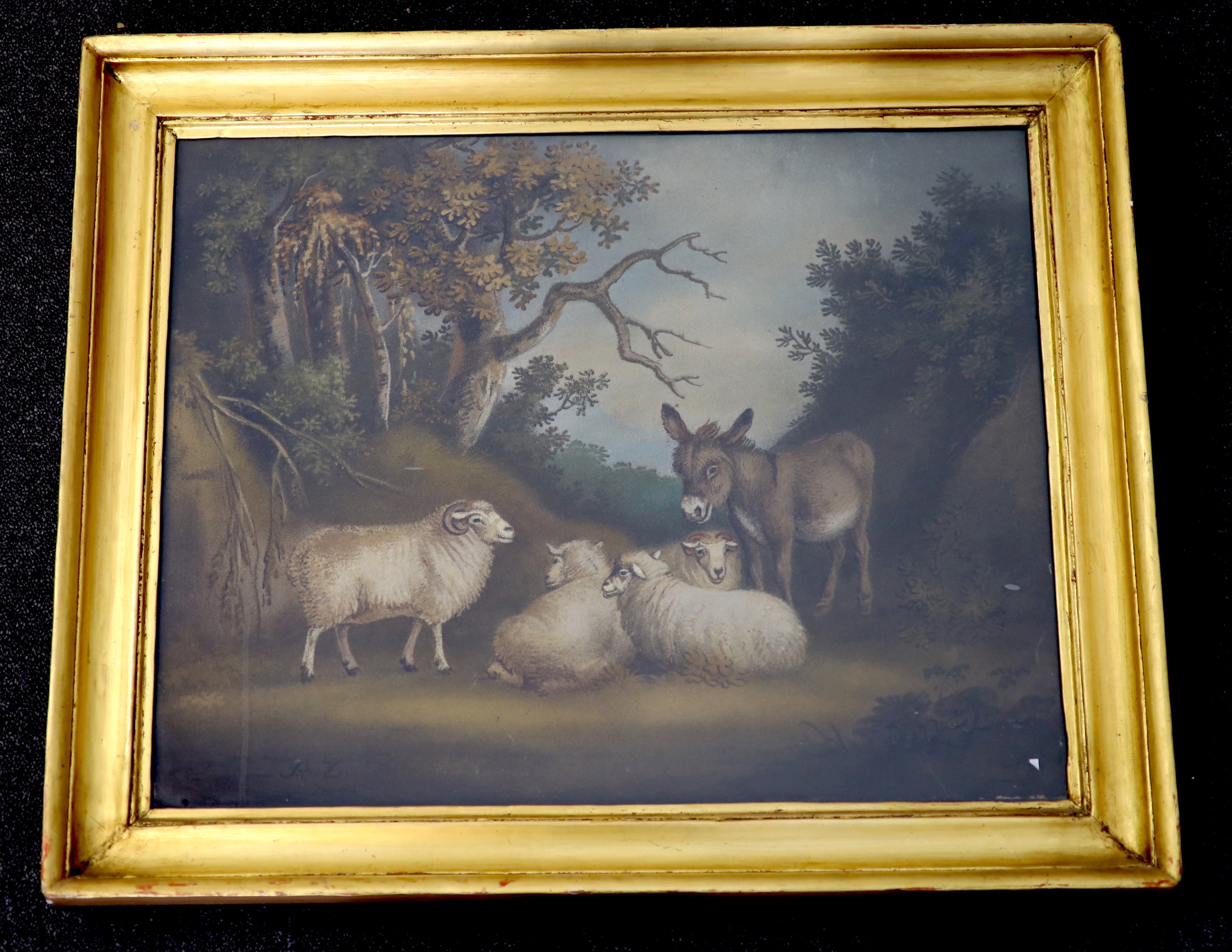 Benjamin Zobel (British, 1762-1831), sand picture, Sheep and a donkey in a wooded landscape, signed, 44 x 57cm